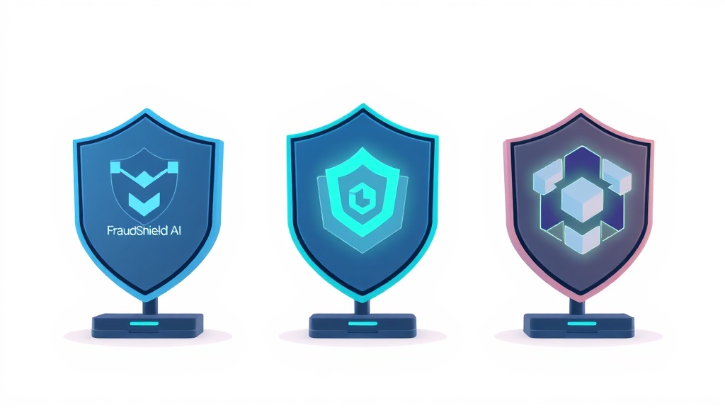 FraudShield AI, SentinelFDS, ApexGuard 세 가지 AI FDS 추천 툴을 시각적으로 비교하는 카드 일러스트