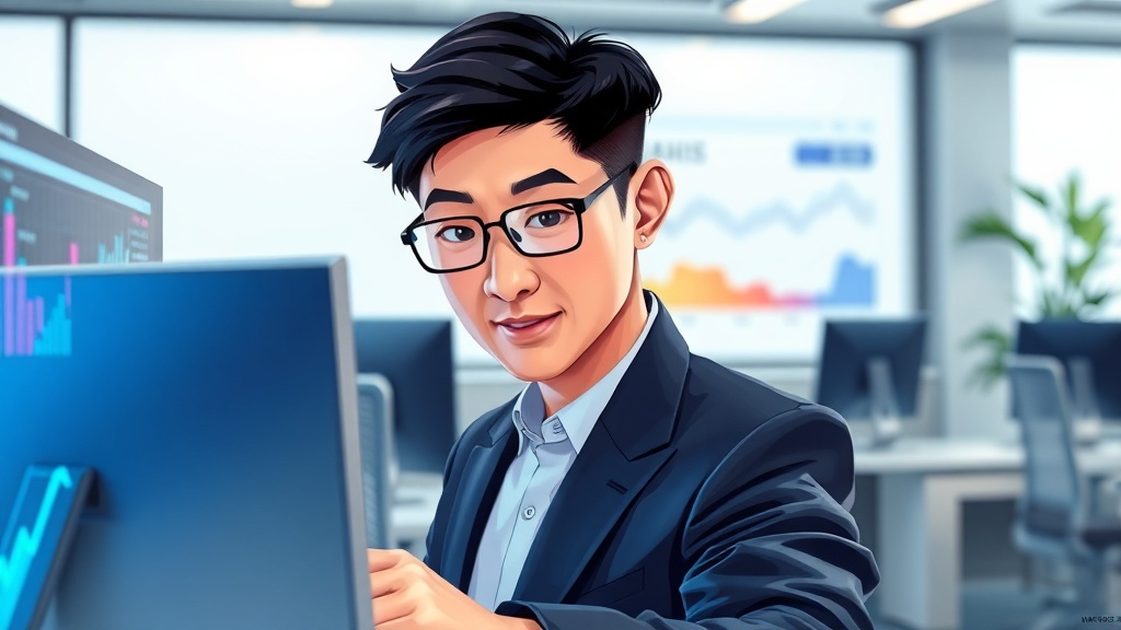 한국인 전문가가 AI 규제 준수 및 리스크 대시보드를 보는 모습, 미래 지향적인 사무실 배경