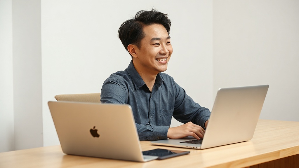 노트북으로 업무 자동화를 성공적으로 구현하여 만족스러워하는 한국인 실무자 남성의 모습