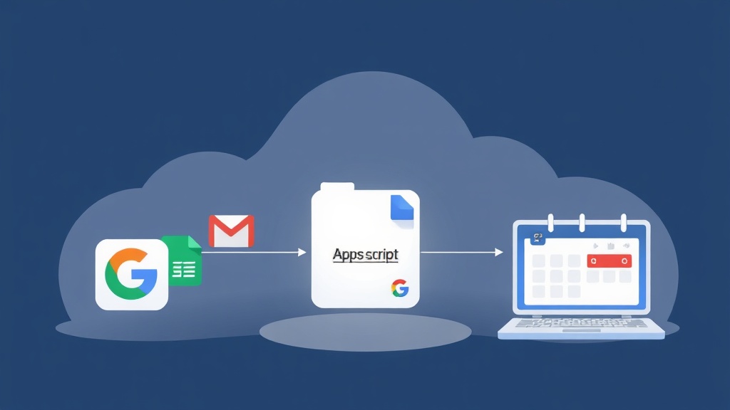 구글 Apps Script가 구글 시트, Gmail 등 여러 구글 워크스페이스 앱과 연동되어 자동화되는 과정을 보여주는 개념도