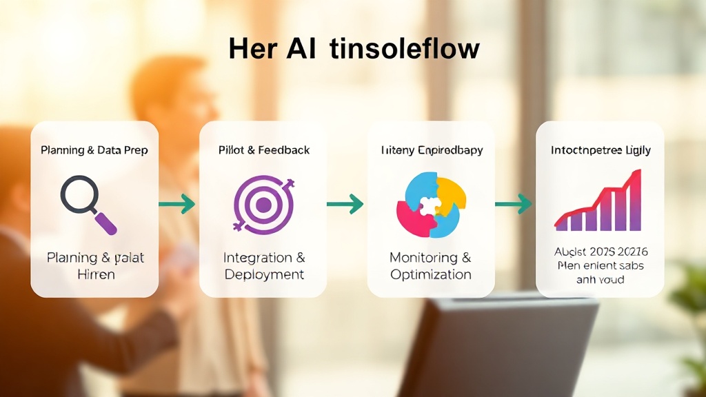 AI 채용 솔루션 도입의 4단계 실전 가이드 흐름도: 계획 및 데이터 준비, 파일럿 테스트 및 피드백, 시스템 통합 및 배포, 모니터링 및 최적화 과정을 추상적인 아이콘으로 표현합니다.