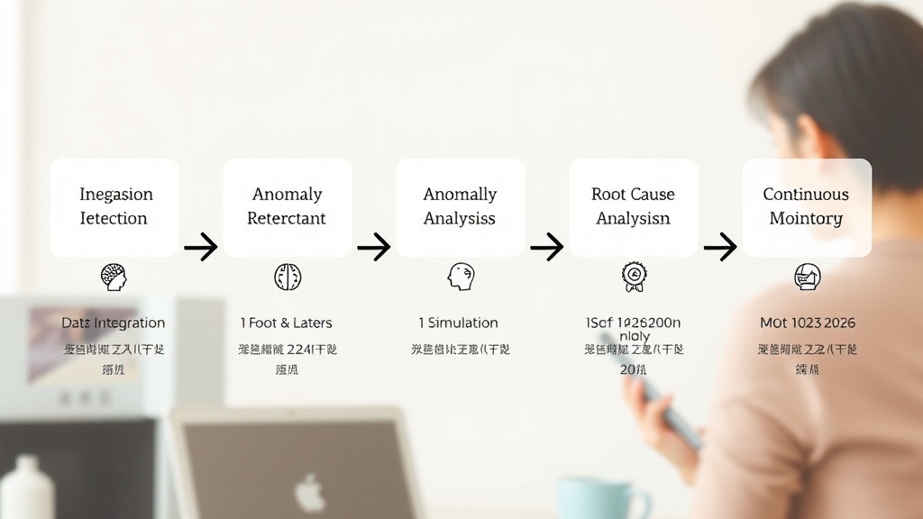 AI 프로세스 마이닝 5단계(Data Integration, Anomaly Detection, Root Cause Analysis, Simulation, Continuous Monitoring)를 보여주는 SVG 스타일의 깨끗한 워크플로우 다이어그램