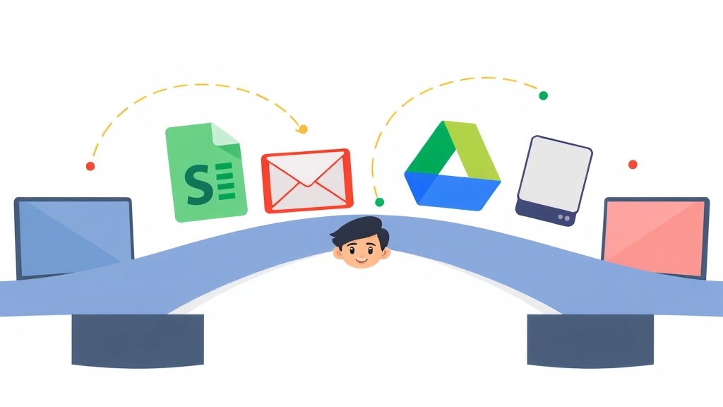 구글 시트, Gmail, 구글 드라이브를 Apps Script가 연결하여 자동화하는 개념도