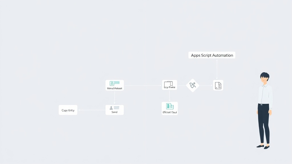 수동 업무 흐름이 Apps Script 자동화로 효율적으로 변화하는 워크플로우 다이어그램