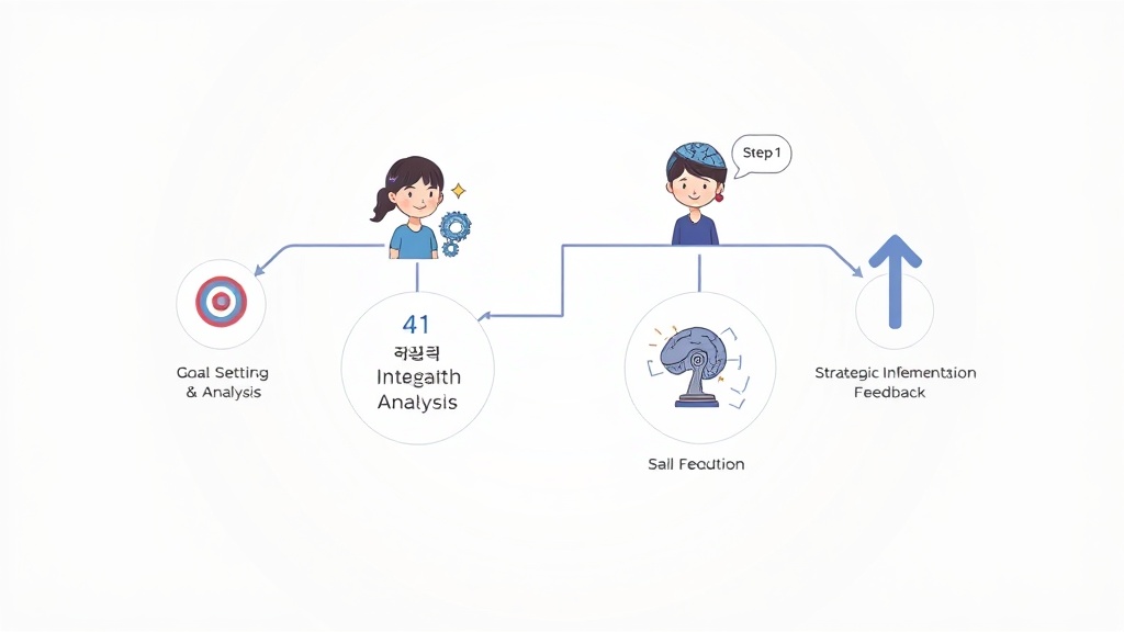 AI 특허 툴 도입을 위한 목표 설정, 데이터 통합, AI 분석, 전략 구현 및 피드백 순환을 나타내는 워크플로우 다이어그램 일러스트