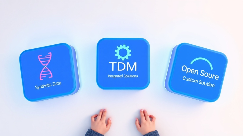 합성 데이터 전문, TDM 통합, 오픈소스 기반 커스텀 솔루션 세 가지 AI 테스트 데이터 관리 솔루션 유형을 비교하는 추상적인 카드 이미지