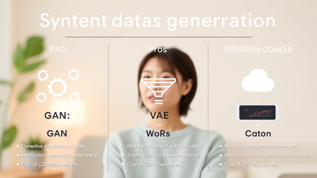 GAN, VAE, Diffusion 모델 등 3가지 합성 데이터 생성 방법의 장단점을 비교한 SVG 인포그래픽