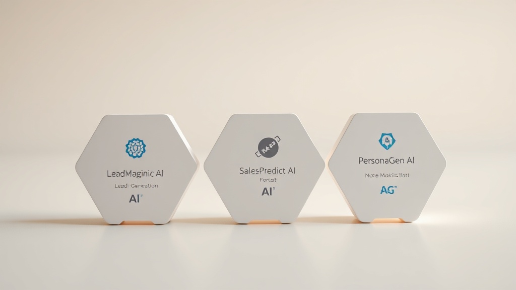 LeadMagnet AI, SalesPredict AI, PersonaGen AI 세 가지 AI 영업 툴을 시각적으로 비교한 카드 디자인