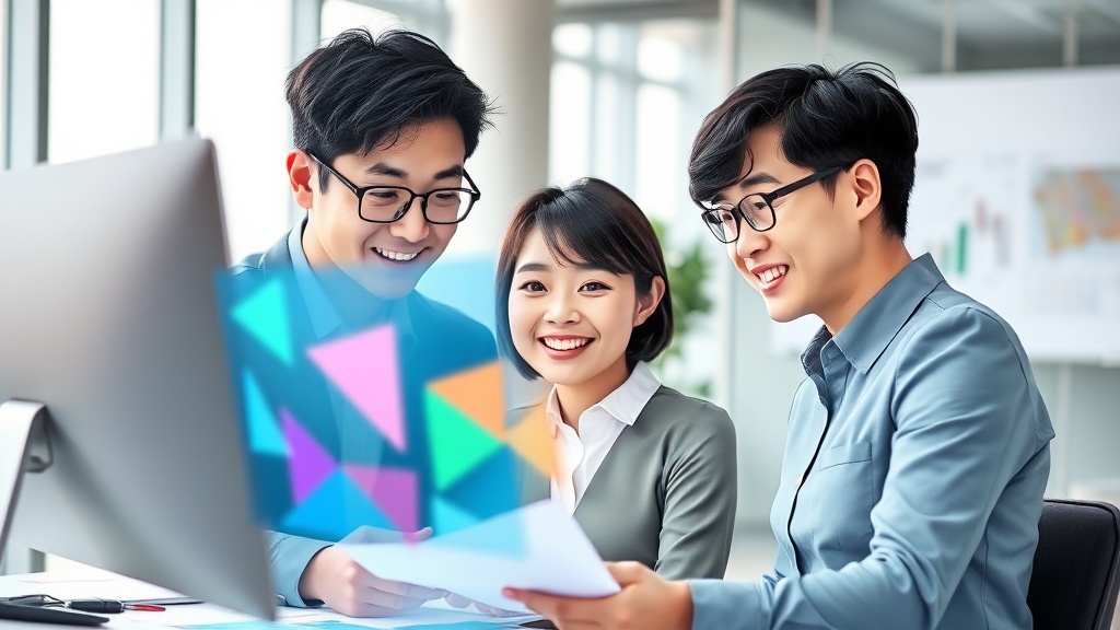 AI 영업 솔루션을 활용하여 전략을 논의하는 한국인 영업 관리자와 팀원