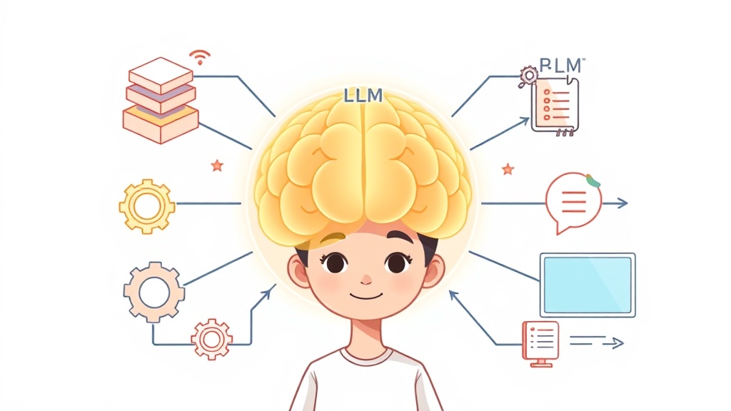 LLM, 메모리, 계획 모듈, 도구 사용 등 Agentic AI 시스템의 핵심 구성 요소를 시각적으로 표현한 추상 일러스트