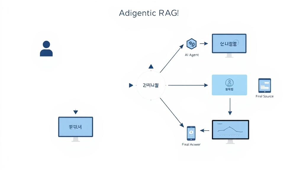 Agentic RAG 시스템이 사용자의 질문에 따라 자율적으로 데이터 소스를 검색하고 정보를 취합하여 답변을 생성하는 과정을 나타낸 다이어그램