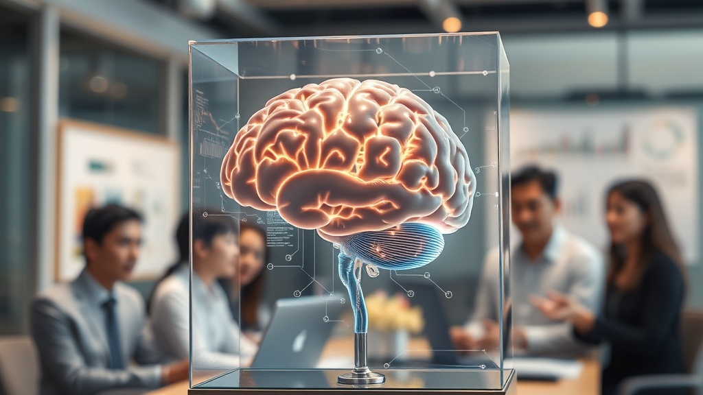 AI 설명 가능성(XAI)을 상징하는 투명한 두뇌와 비즈니스 의사결정을 하는 한국인 전문가들