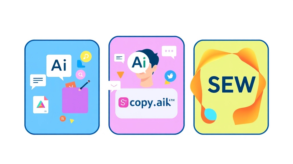 Jasper AI, Copy.ai, Semrush ContentShake AI 세 가지 AI 툴의 로고와 핵심 기능을 시각적으로 나타낸 일러스트