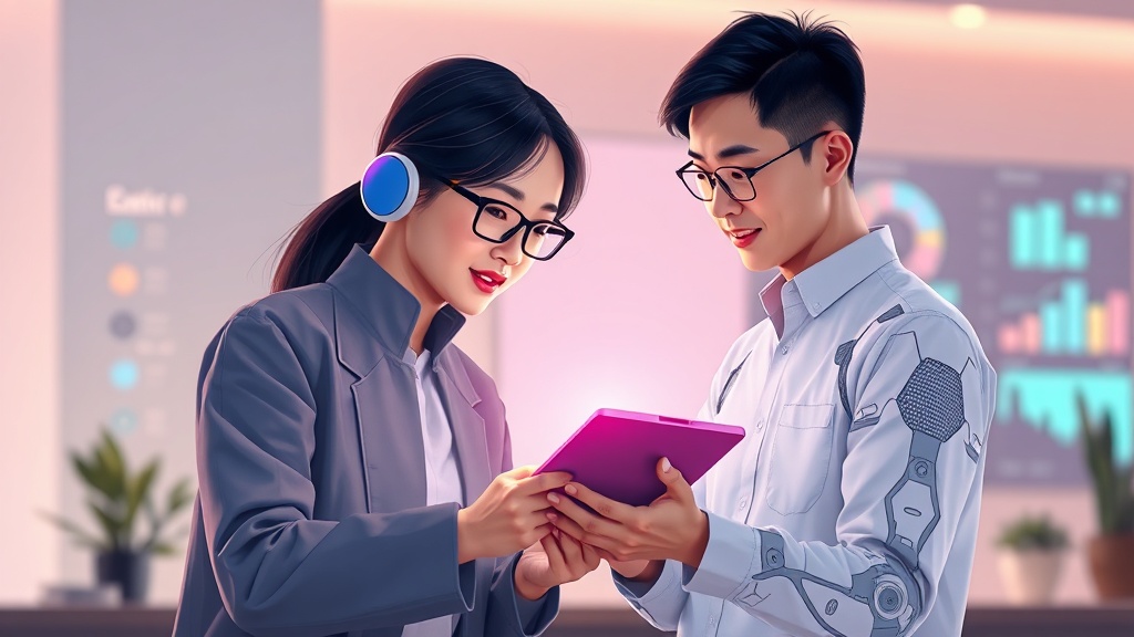 AI 마케팅 툴을 활용하여 미래 전략을 구상하는 한국인 마케터와 AI 어시스턴트