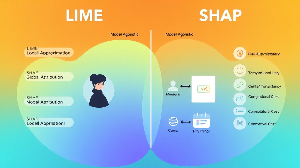 LIME과 SHAP XAI 방법론을 나란히 비교하는 차트, 각 기술의 핵심 메커니즘과 장단점을 추상적인 형태로 보여줍니다.