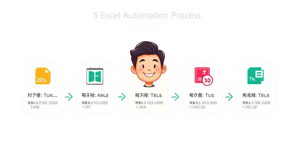 엑셀 VBA/매크로를 활용한 데이터 처리 및 보고서 자동화 5단계 워크플로우 다이어그램.