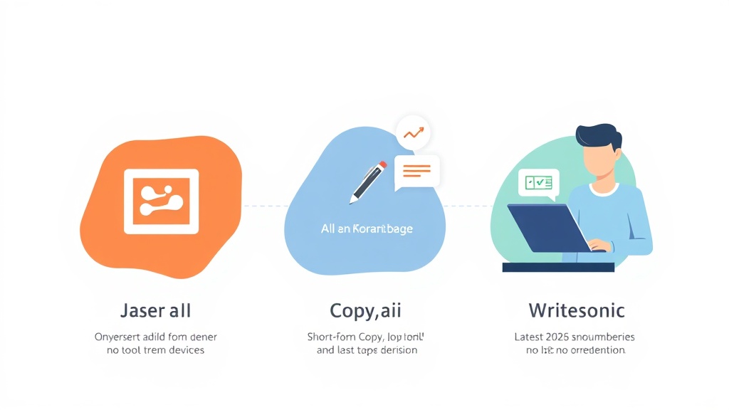 Jasper AI, Copy.ai, Writesonic 로고와 핵심 기능을 아이콘으로 표현한 SVG 비교 인포그래픽