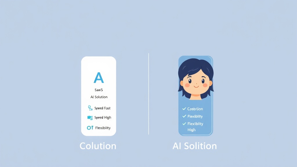 SaaS AI 솔루션과 맞춤형 AI 솔루션의 주요 특징을 비교하는 SVG 인포그래픽