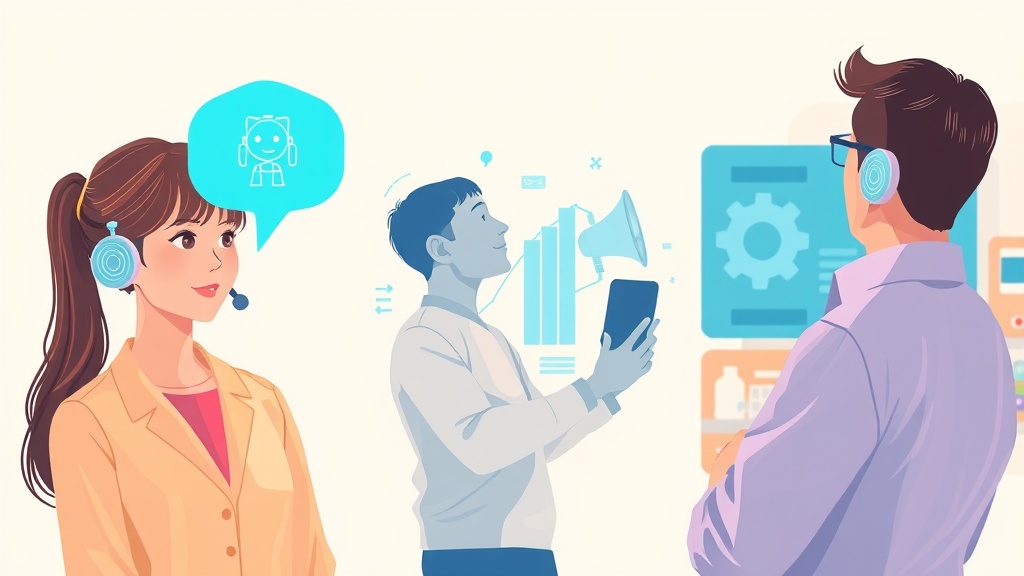 AI 챗봇, 마케팅 AI, 운영 자동화 AI가 결합된 중소기업 활용 장면을 묘사한 일러스트